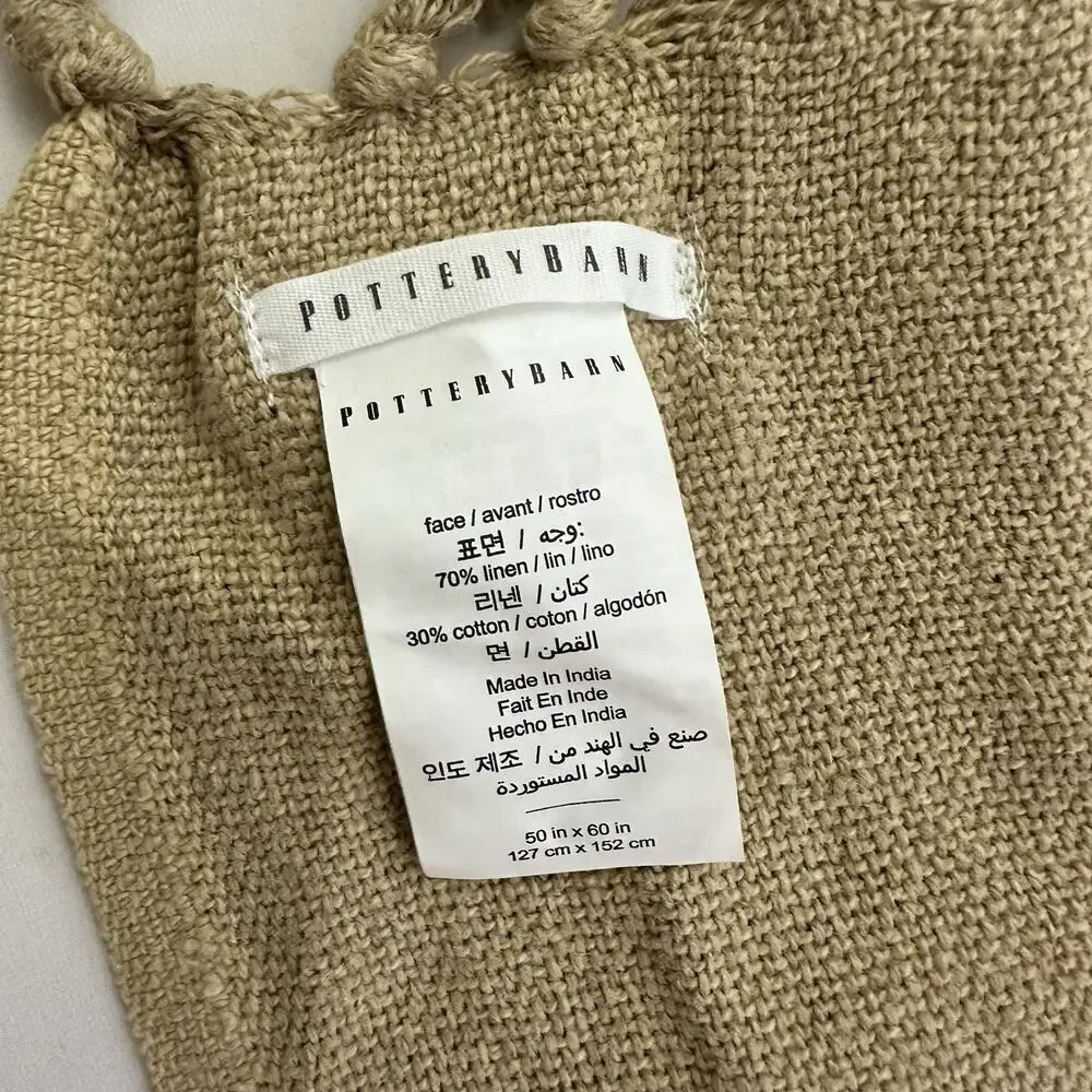 Pottery Barn Linen Cotton Blend Throw Blanket Tan Brown Fringe Woven 50x60 in